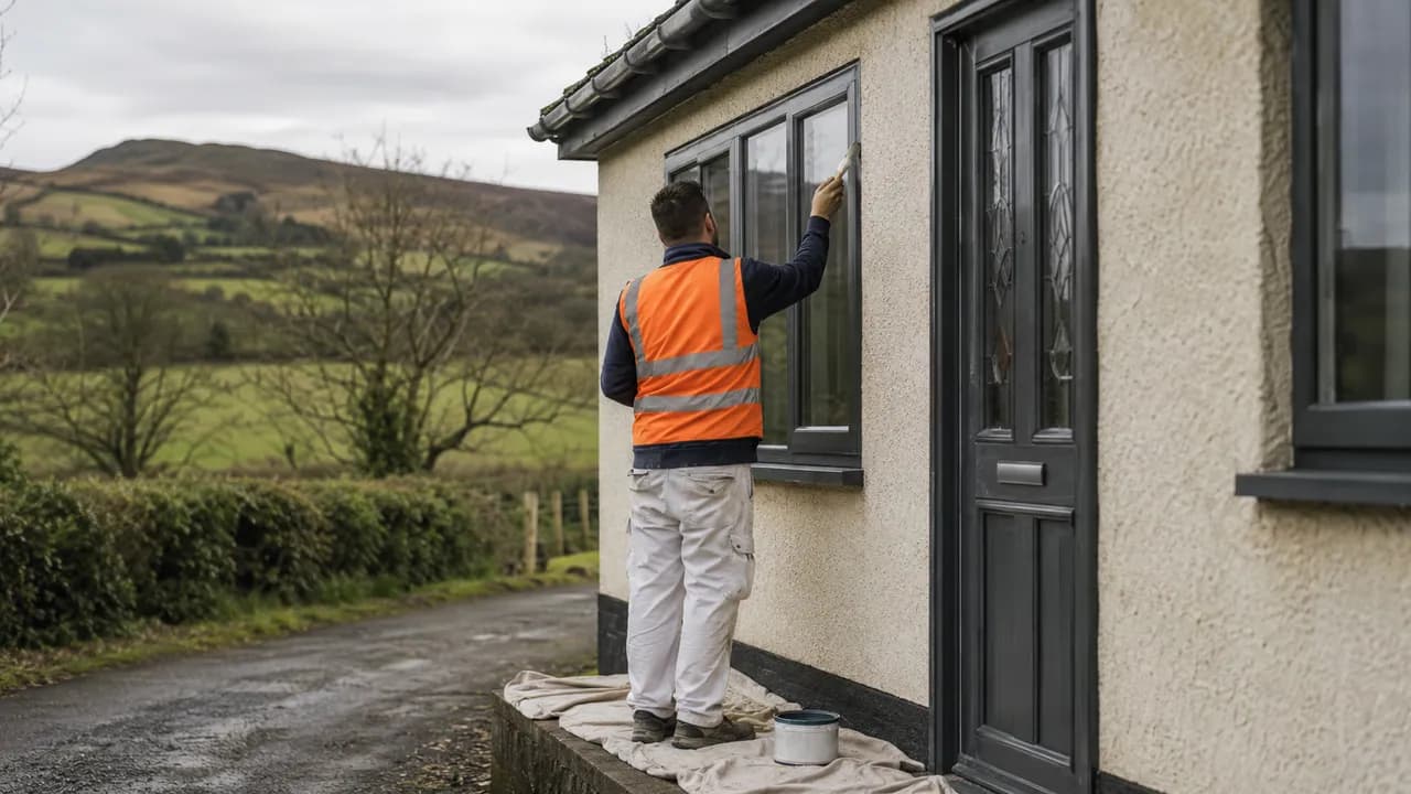 Exterior painting in progress on a rendered 1970s bungalow on a rural Flintshire lane in North Wales, hills in the distance