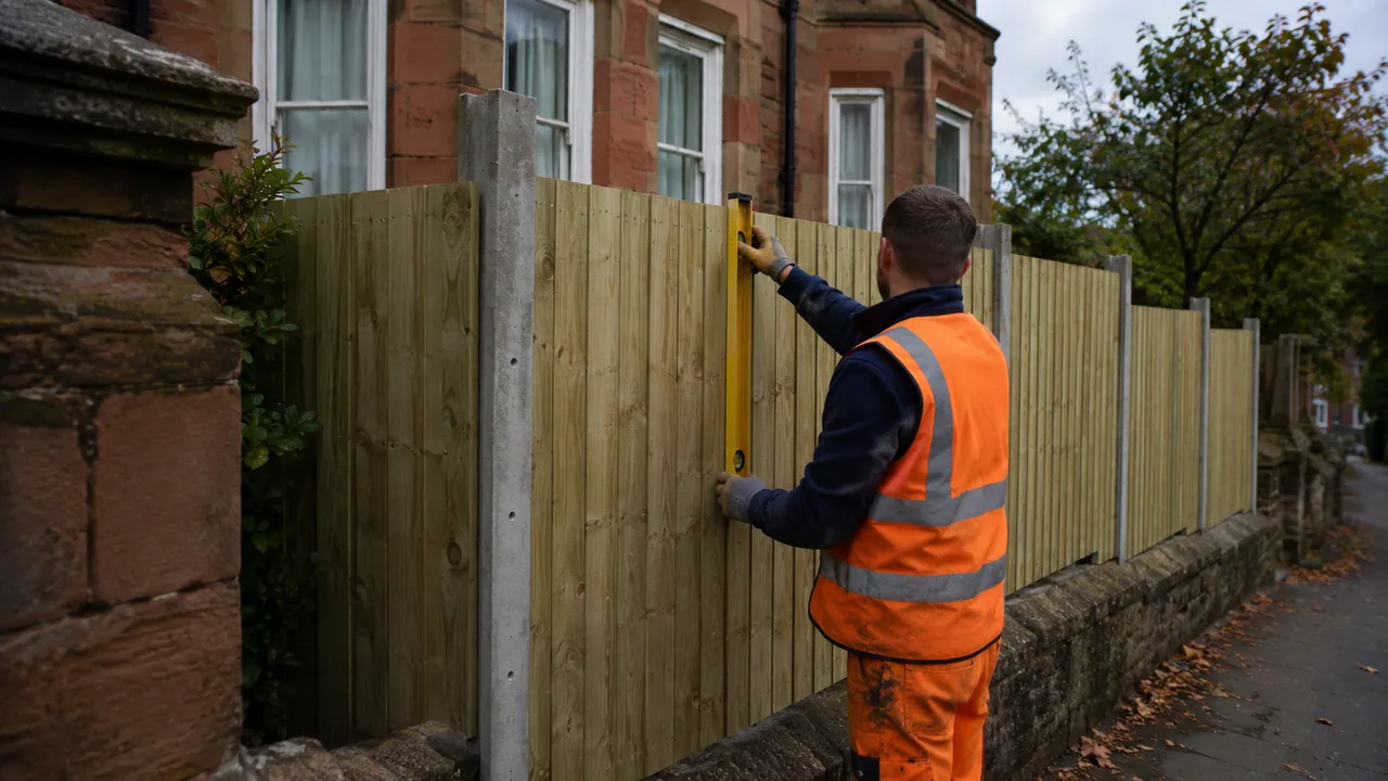 Fence panel replacement in progress on a Georgian-fronted red sandstone house on a leafy street below Frodsham Hill, Cheshire