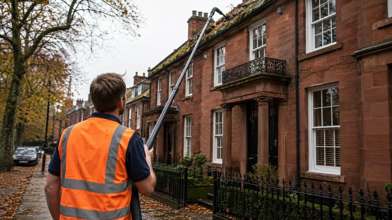 Gutter clearing in progress on a Georgian-fronted red sandstone house on a leafy street below Frodsham Hill, Cheshire