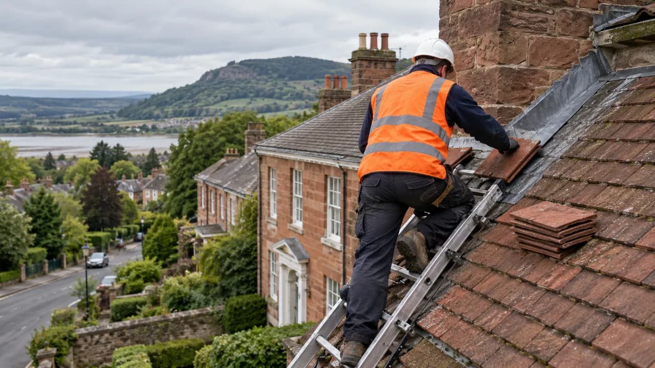 Roof repair in progress on a Georgian-fronted red sandstone house on a leafy street below Frodsham Hill, Cheshire