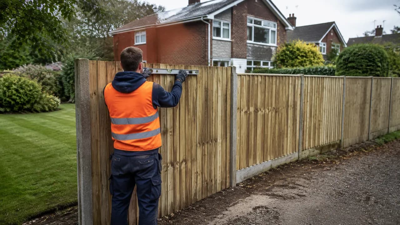 Fence panel replacement in progress on a 1960s detached brick house with a large front garden in leafy Hartford, Cheshire