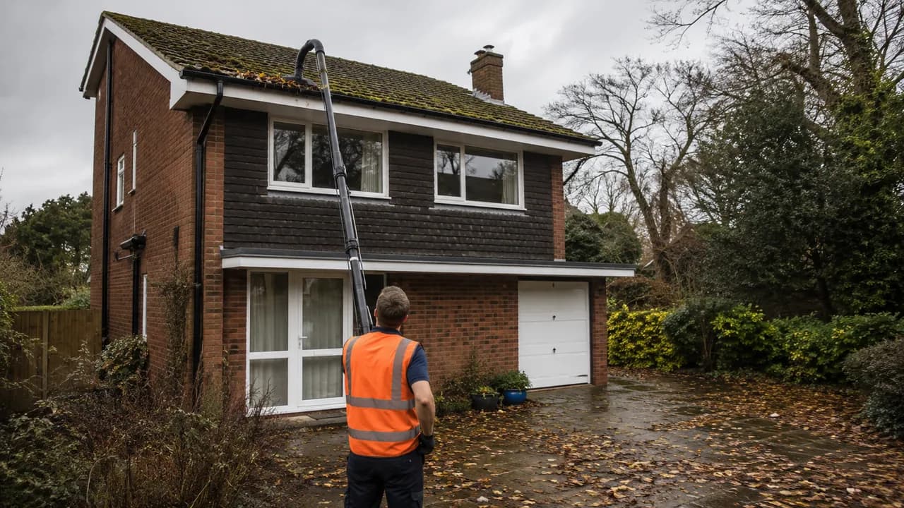 Gutter clearing in progress on a 1960s detached brick house with a large front garden in leafy Hartford, Cheshire
