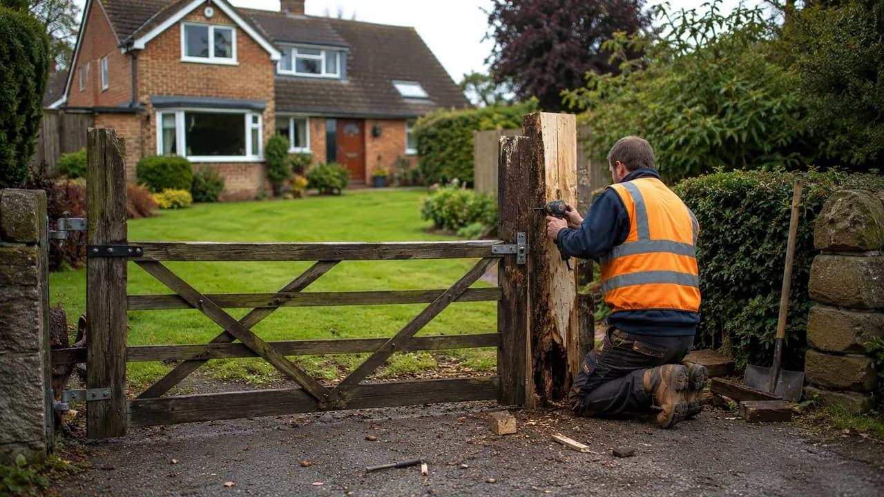 Handyman repair in progress on a 1960s detached brick house with a large front garden in leafy Hartford, Cheshire