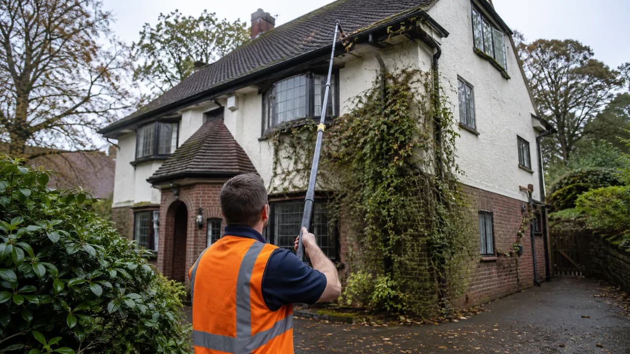 Gutter clearing in progress on a large 1930s detached house on a sloping wooded plot in Heswall, Wirral, mature trees around