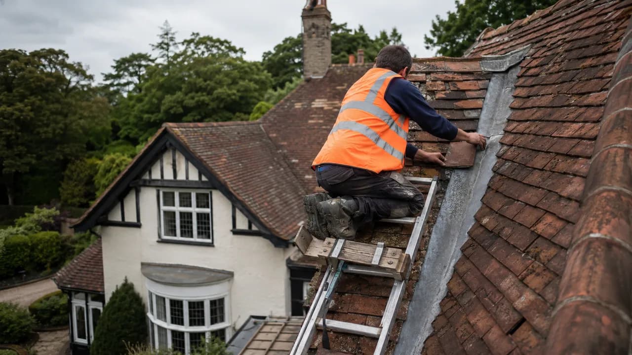 Roof repair in progress on a large 1930s detached house on a sloping wooded plot in Heswall, Wirral, mature trees around