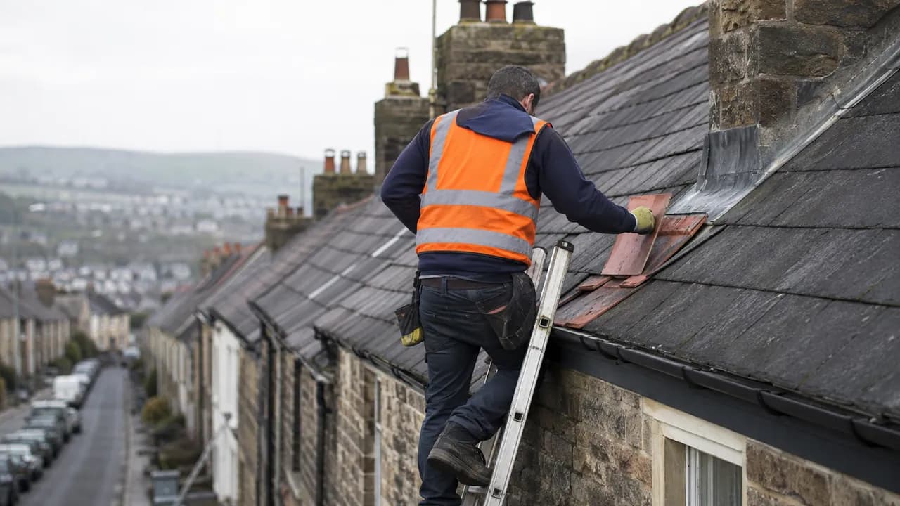 Roof repair in progress on a stone terraced house with a slate roof on a steep street in Holywell, North Wales