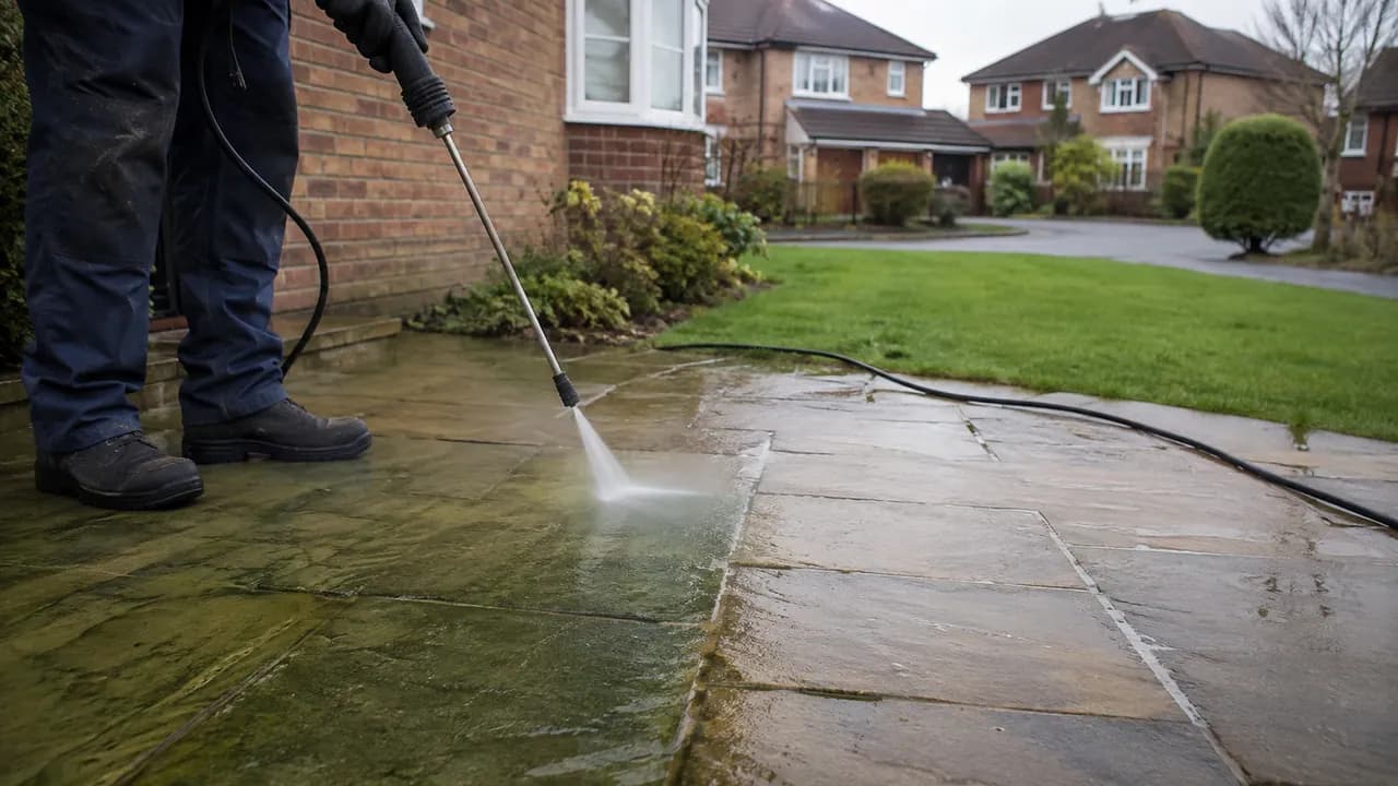 Pressure washing in progress on a 1980s brick detached house on a cul-de-sac in Huntington, Chester, tidy front lawn