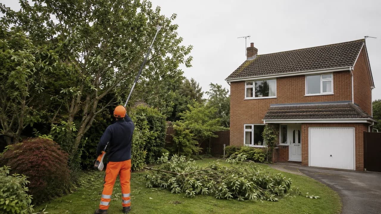 Tree reduction in progress on a 1980s brick detached house on a cul-de-sac in Huntington, Chester, tidy front lawn