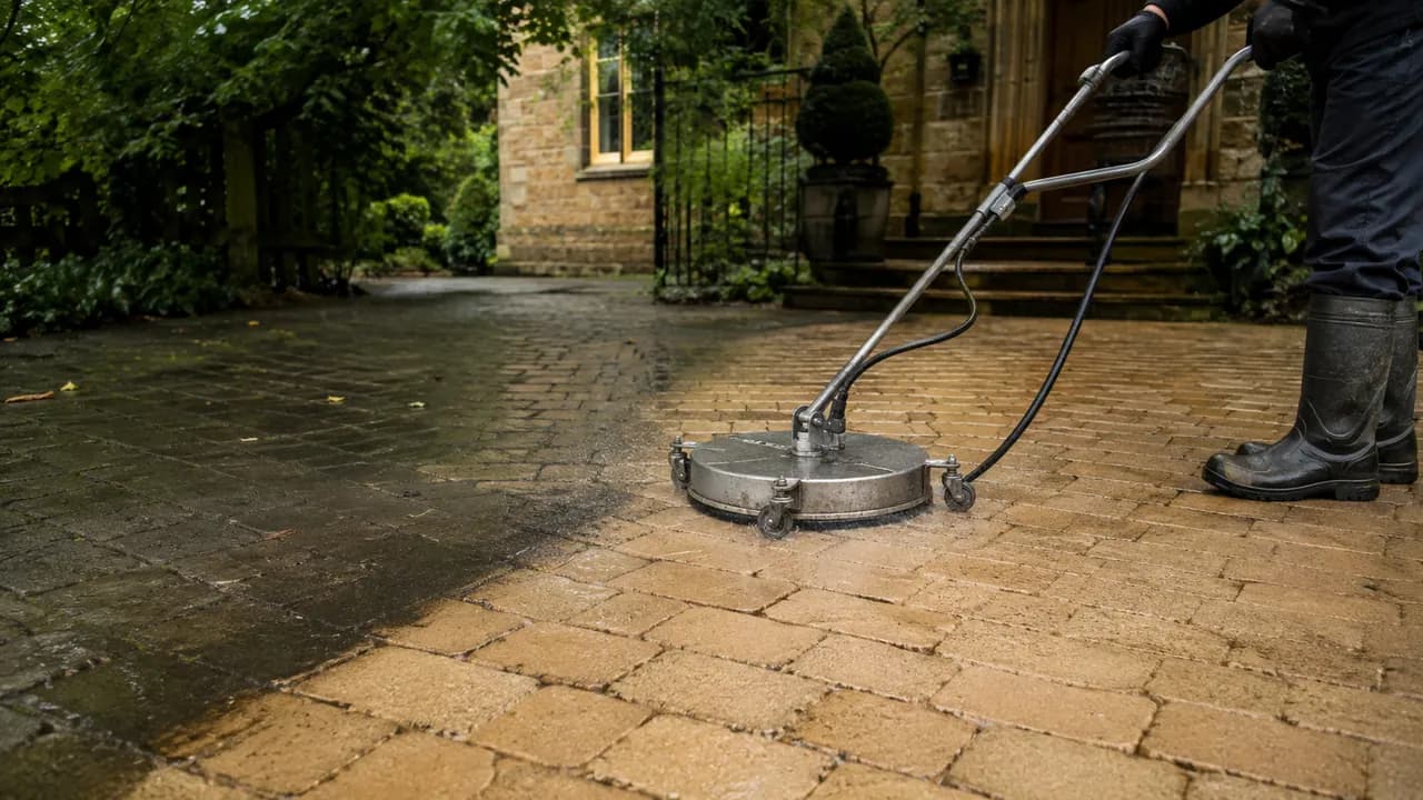Driveway cleaning in progress on a sandstone cottage under heavy tree cover in Lymm village, Cheshire, damp and leafy