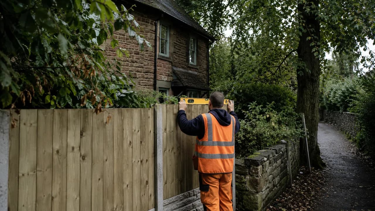 Fence panel replacement in progress on a sandstone cottage under heavy tree cover in Lymm village, Cheshire, damp and leafy