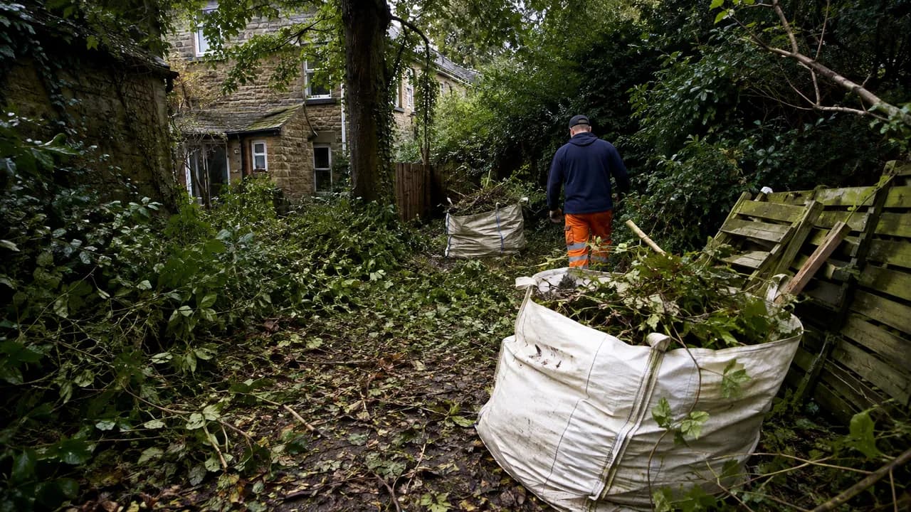 Garden clearance in progress on a sandstone cottage under heavy tree cover in Lymm village, Cheshire, damp and leafy