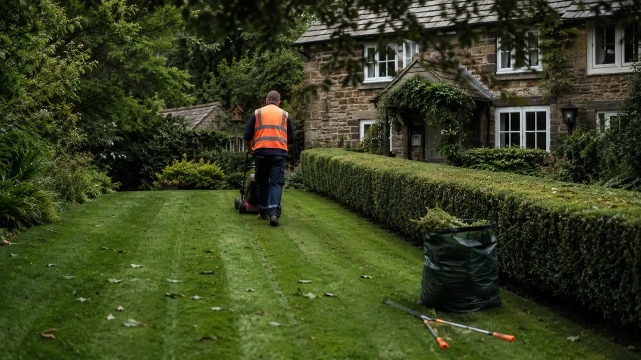 Garden maintenance in progress on a sandstone cottage under heavy tree cover in Lymm village, Cheshire, damp and leafy