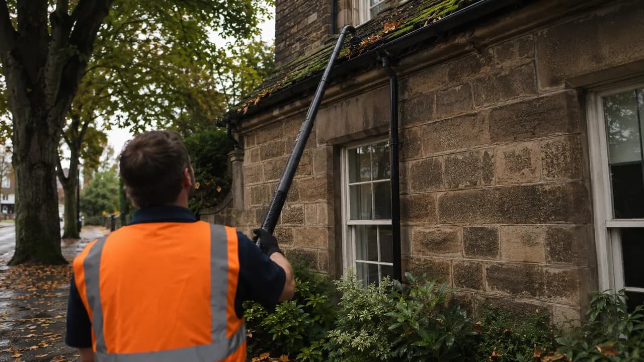 Gutter clearing in progress on a sandstone cottage under heavy tree cover in Lymm village, Cheshire, damp and leafy