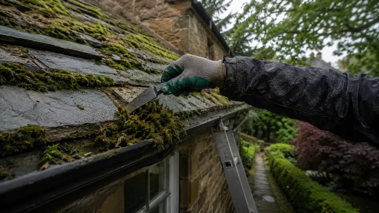 Roof moss removal in progress on a sandstone cottage under heavy tree cover in Lymm village, Cheshire, damp and leafy
