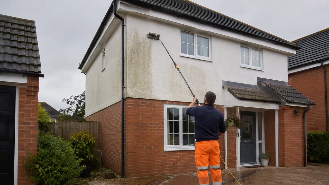 Exterior softwash cleaning in progress on a 1990s brick semi on a modern estate in Middlewich, Cheshire, block-paved driveway
