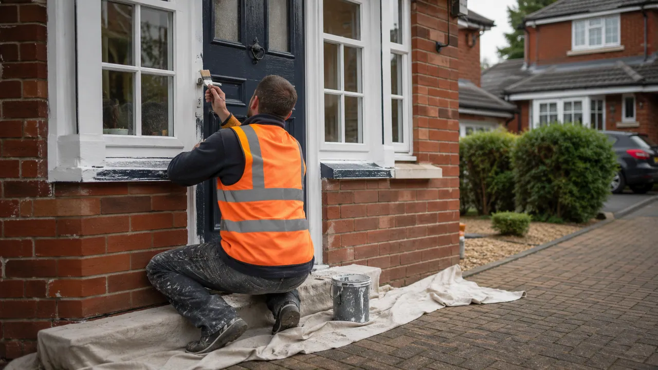 Exterior painting in progress on a 1990s brick semi on a modern estate in Middlewich, Cheshire, block-paved driveway