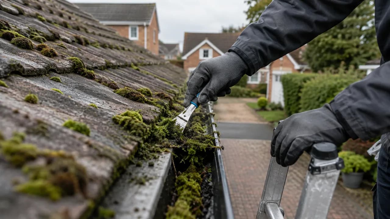 Roof moss removal in progress on a 1990s brick semi on a modern estate in Middlewich, Cheshire, block-paved driveway