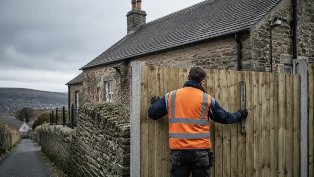 Fence panel replacement in progress on a Welsh slate-roofed stone house on a hilly street in Mold, Flintshire, moody upland sky