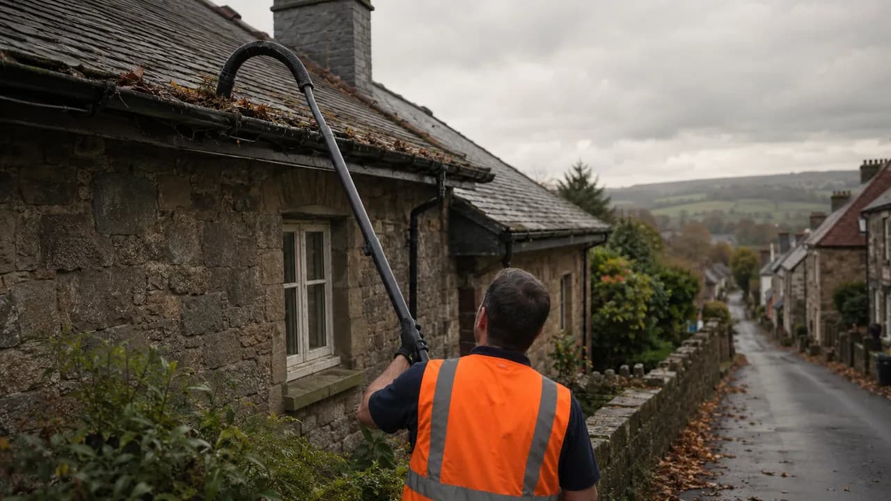 Gutter clearing in progress on a Welsh slate-roofed stone house on a hilly street in Mold, Flintshire, moody upland sky