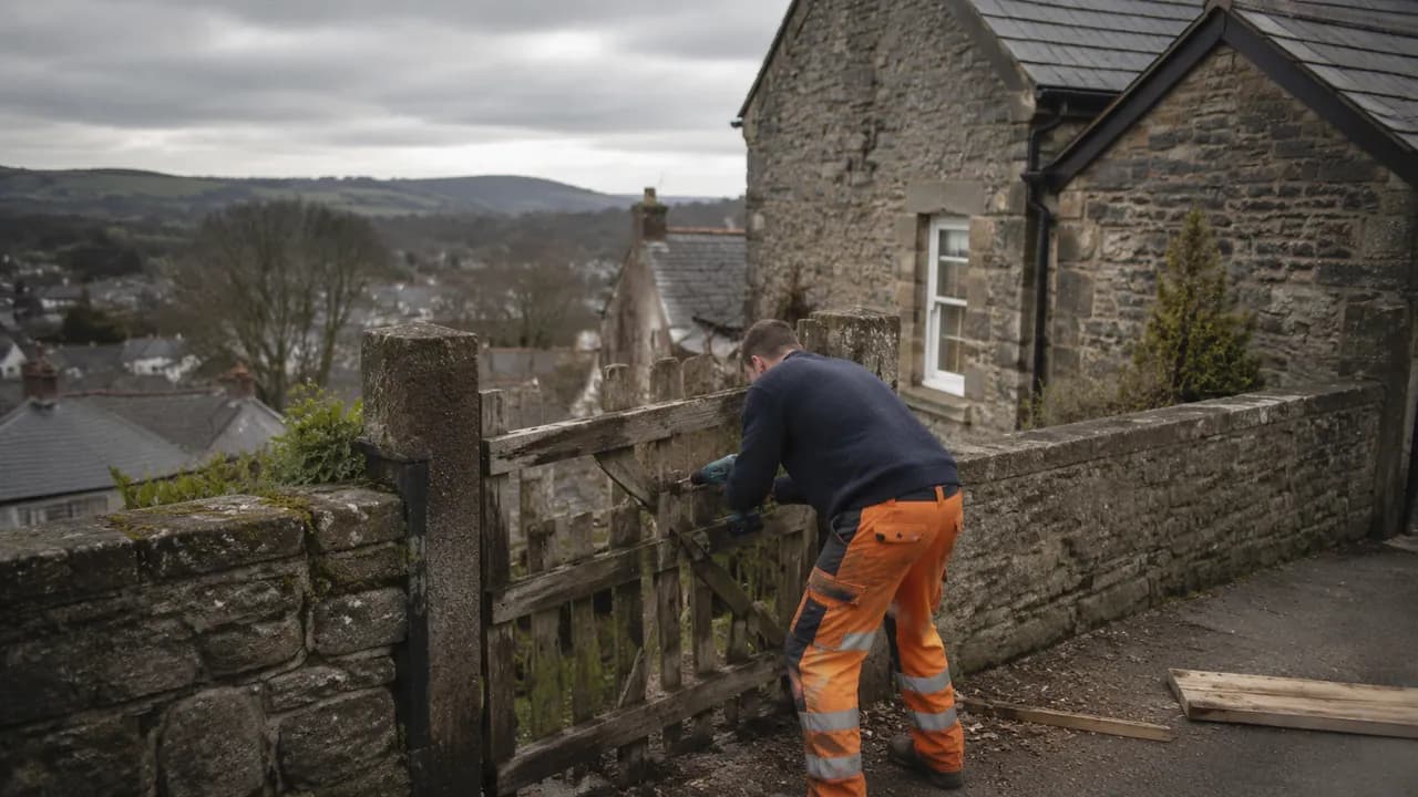 Handyman repair in progress on a Welsh slate-roofed stone house on a hilly street in Mold, Flintshire, moody upland sky