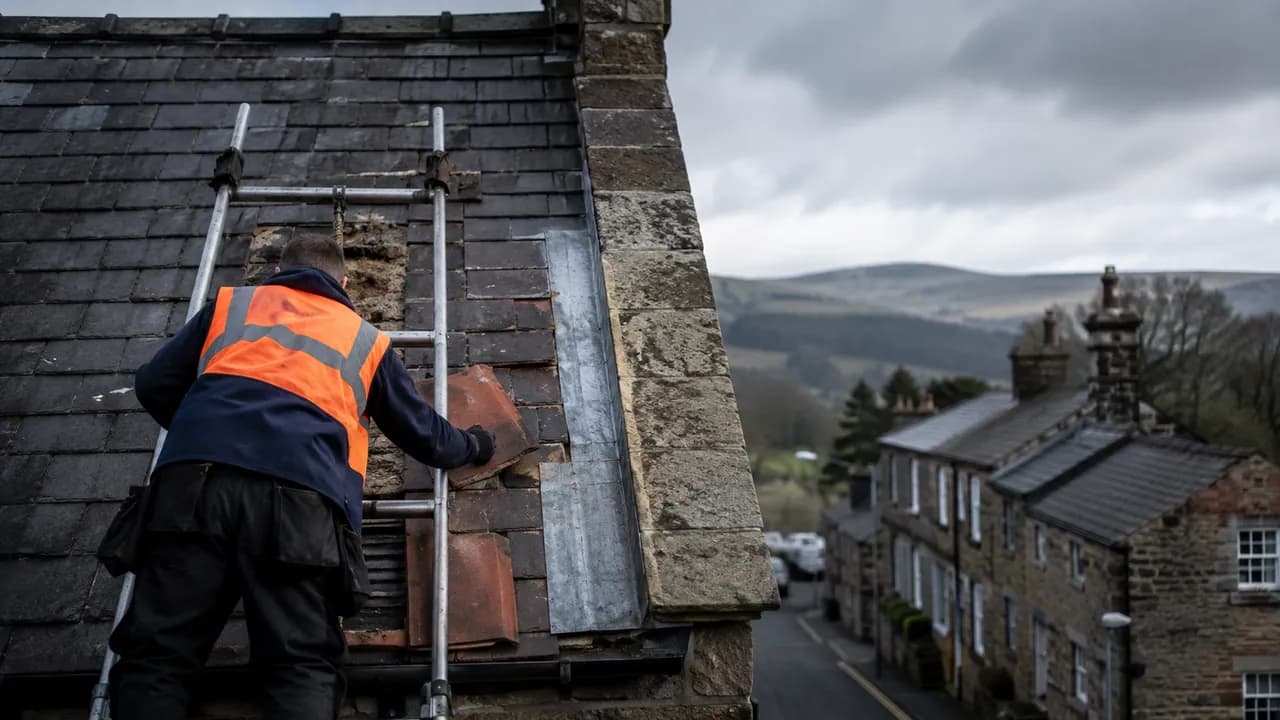 Roof repair in progress on a Welsh slate-roofed stone house on a hilly street in Mold, Flintshire, moody upland sky