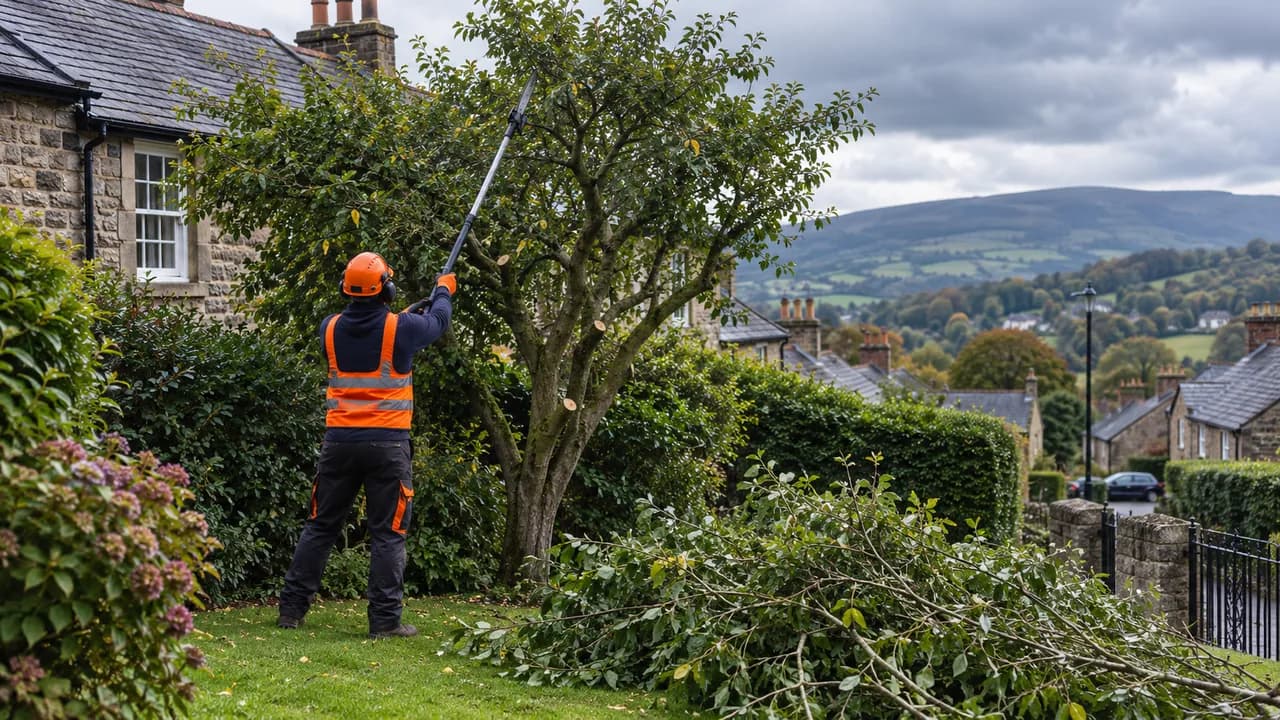 Tree reduction in progress on a Welsh slate-roofed stone house on a hilly street in Mold, Flintshire, moody upland sky