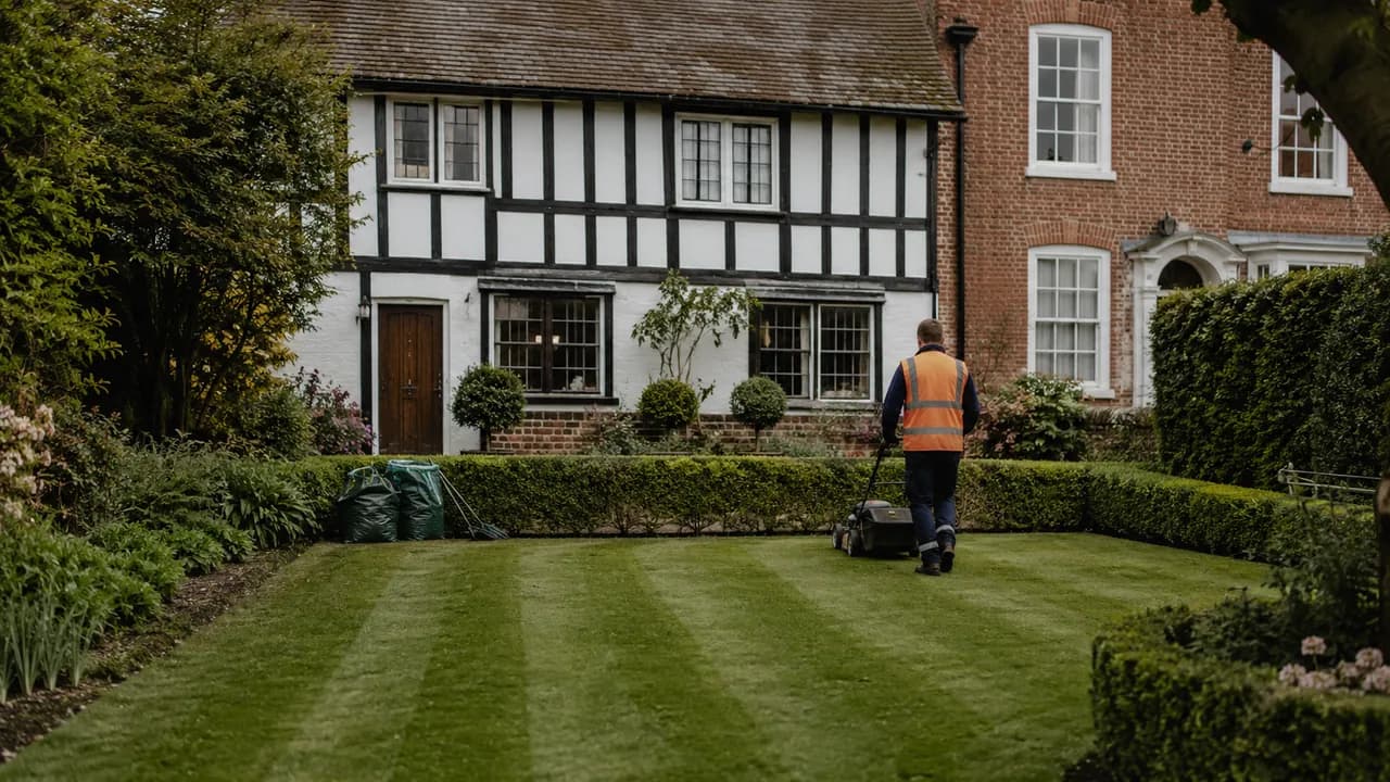 Garden maintenance in progress on a black-and-white timber-framed cottage beside a Georgian brick townhouse in Nantwich, Cheshire