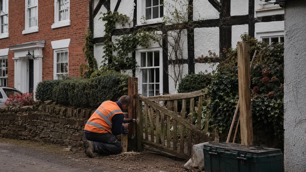 Handyman repair in progress on a black-and-white timber-framed cottage beside a Georgian brick townhouse in Nantwich, Cheshire