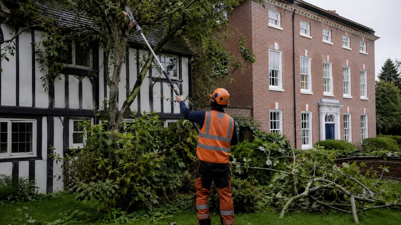 Tree reduction in progress on a black-and-white timber-framed cottage beside a Georgian brick townhouse in Nantwich, Cheshire