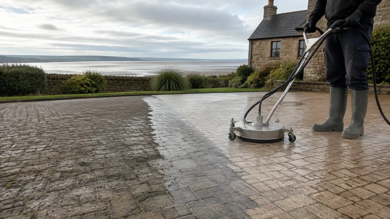 Driveway cleaning in progress on a sandstone cottage with a slate roof near the Dee estuary in Neston, Wirral, wide sky