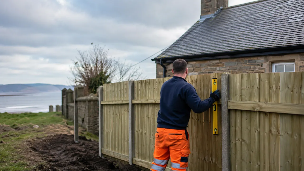 Fence panel replacement in progress on a sandstone cottage with a slate roof near the Dee estuary in Neston, Wirral, wide sky