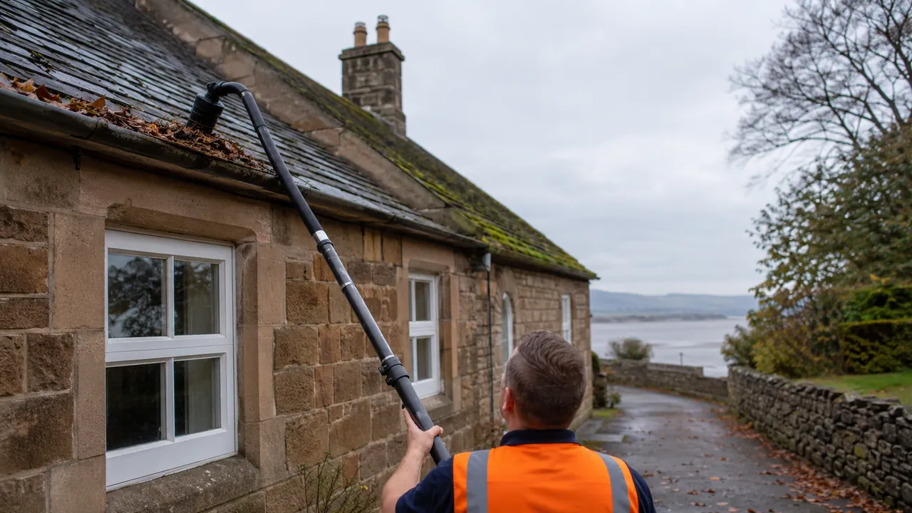 Gutter clearing in progress on a sandstone cottage with a slate roof near the Dee estuary in Neston, Wirral, wide sky
