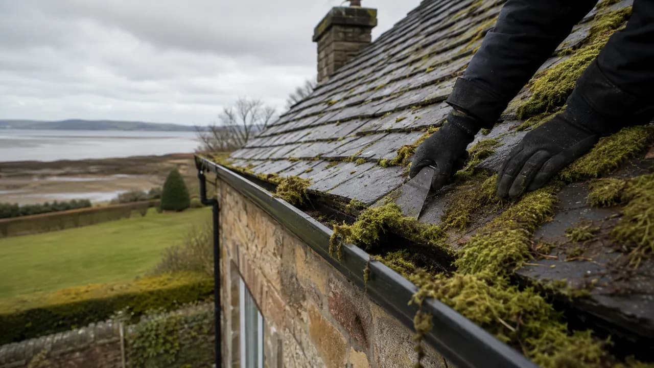 Roof moss removal in progress on a sandstone cottage with a slate roof near the Dee estuary in Neston, Wirral, wide sky