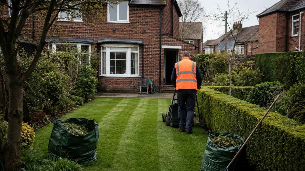 Garden maintenance in progress on a 1930s brick semi-detached house with a bay window on a Newton street in Chester