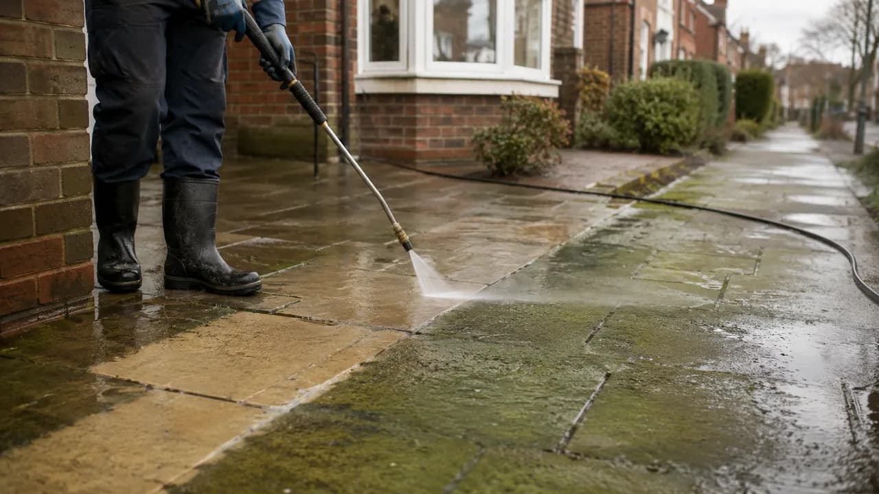 Pressure washing in progress on a 1930s brick semi-detached house with a bay window on a Newton street in Chester
