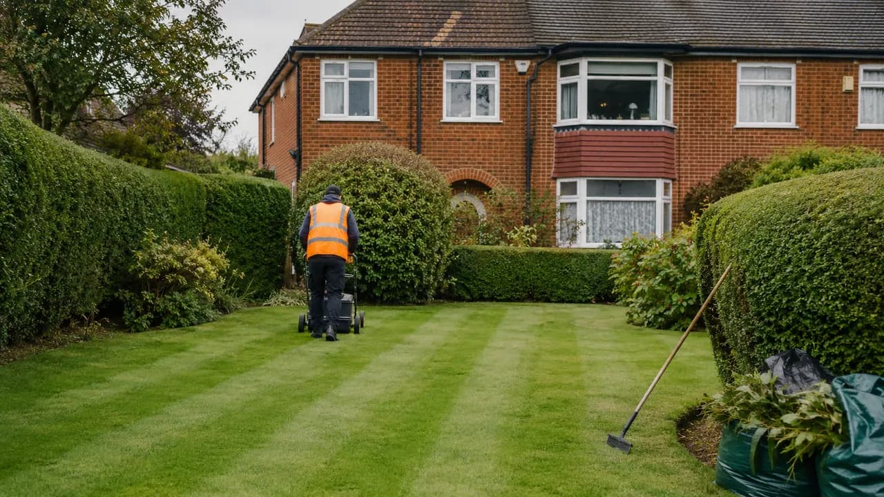 Garden maintenance in progress on a 1930s brick semi on a leafy avenue in Northwich, Cheshire, tiled roof and hedge