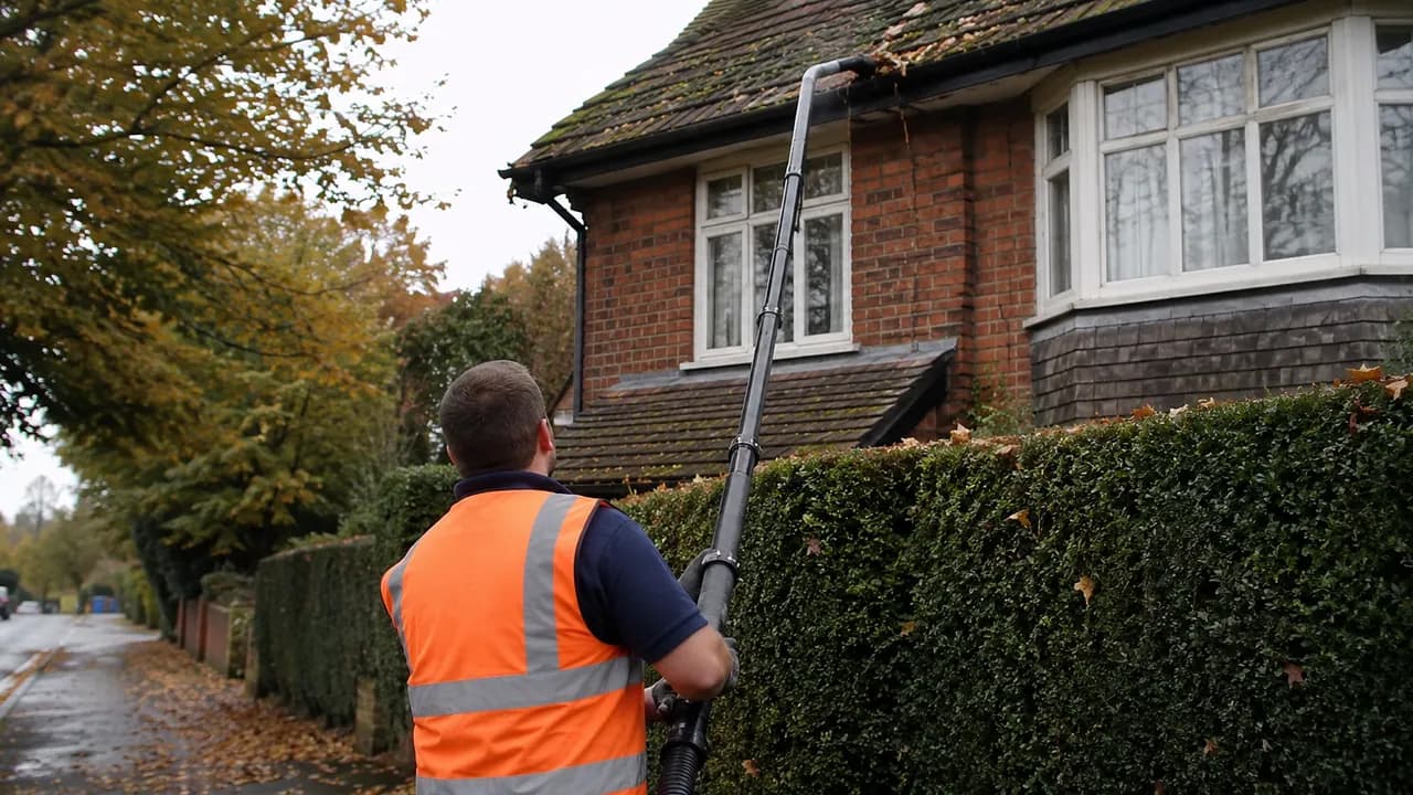 Gutter clearing in progress on a 1930s brick semi on a leafy avenue in Northwich, Cheshire, tiled roof and hedge