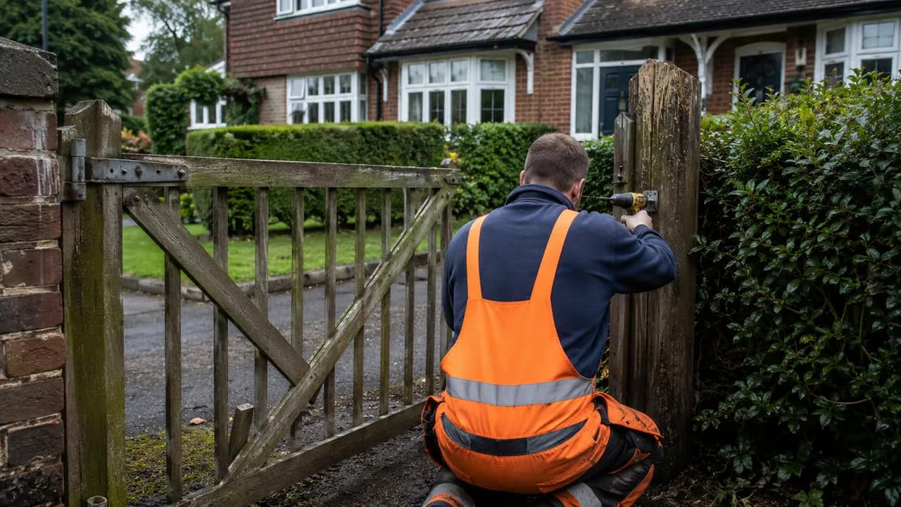 Handyman repair in progress on a 1930s brick semi on a leafy avenue in Northwich, Cheshire, tiled roof and hedge