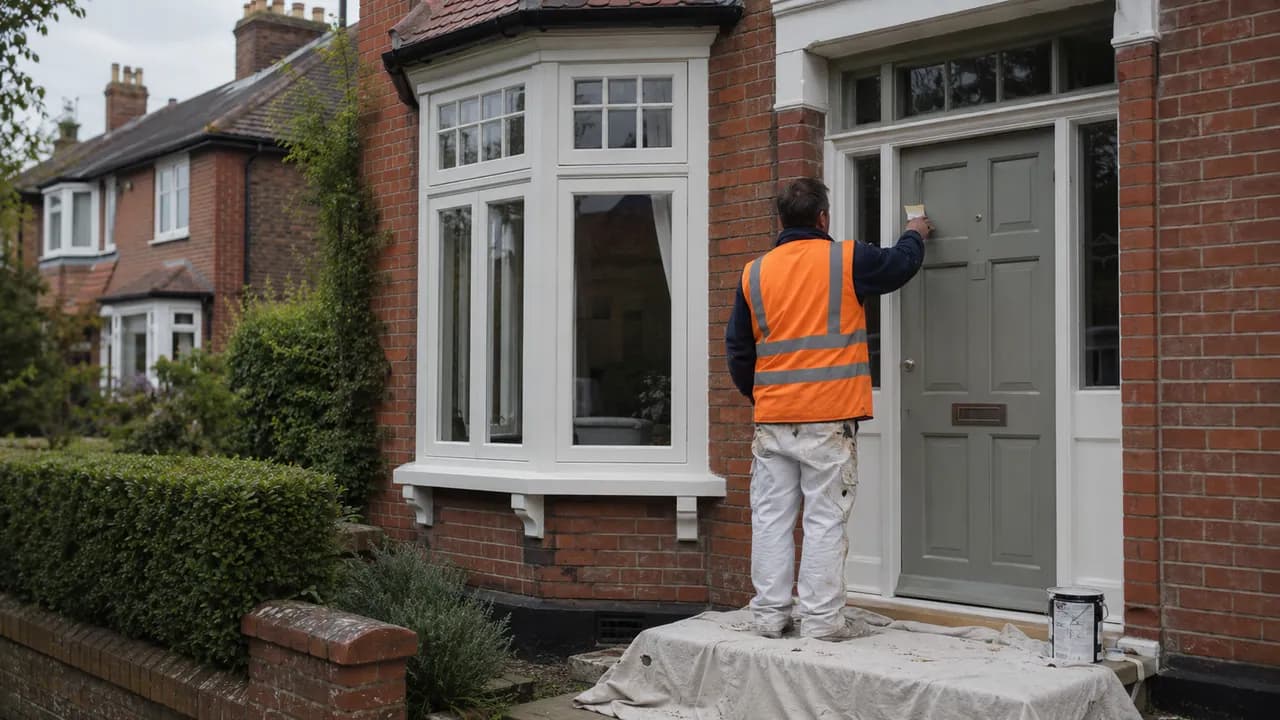 Exterior painting in progress on a 1930s brick semi on a leafy avenue in Northwich, Cheshire, tiled roof and hedge
