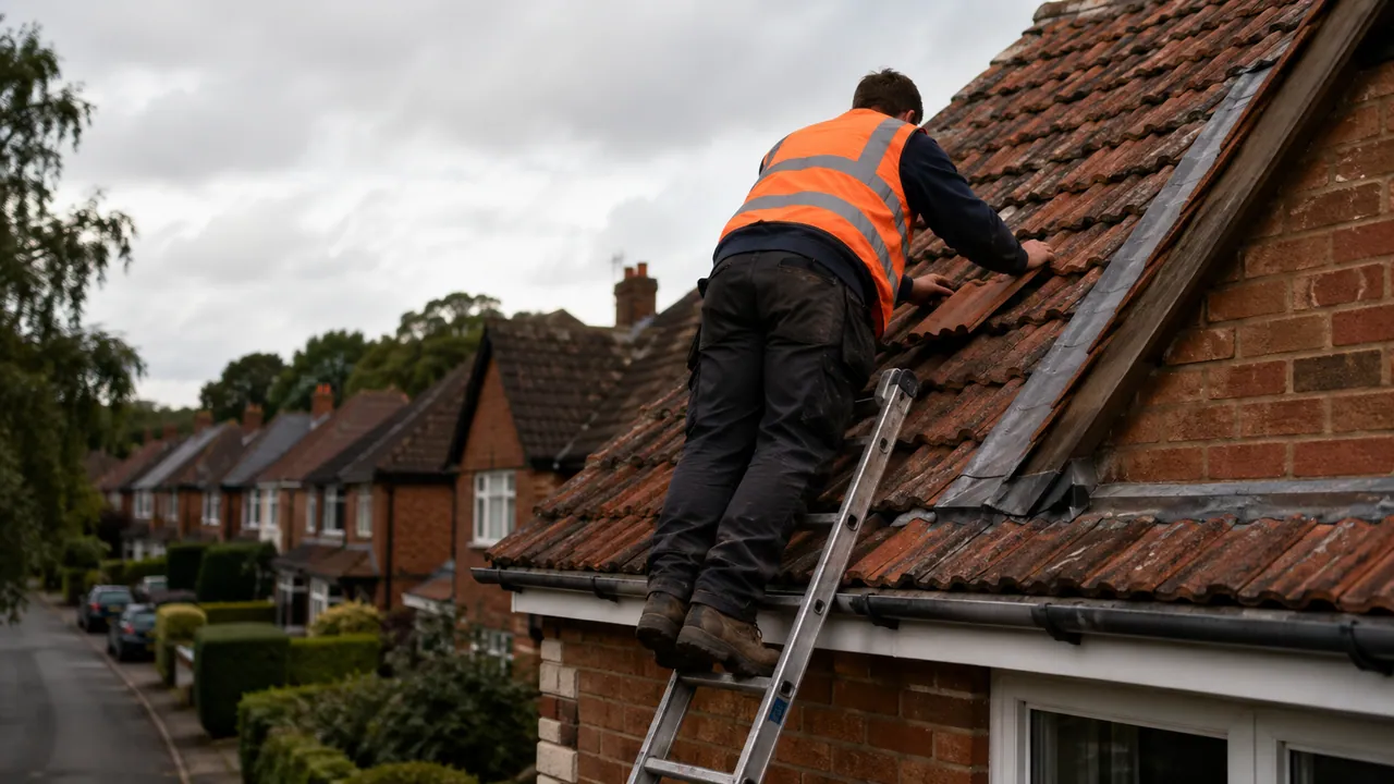 Roof repair in progress on a 1930s brick semi on a leafy avenue in Northwich, Cheshire, tiled roof and hedge