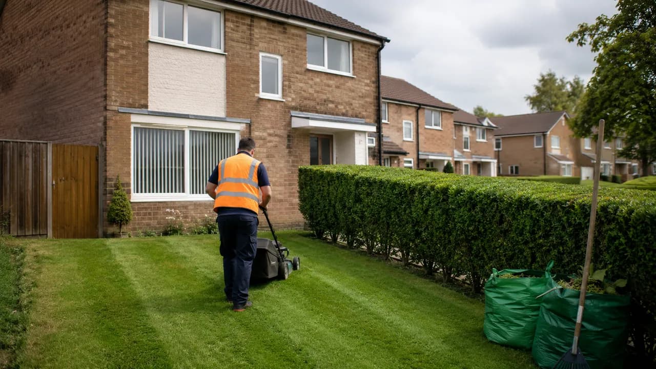 Garden maintenance in progress on a 1970s brick townhouse on a new-town estate in Runcorn, Cheshire, open grass verges