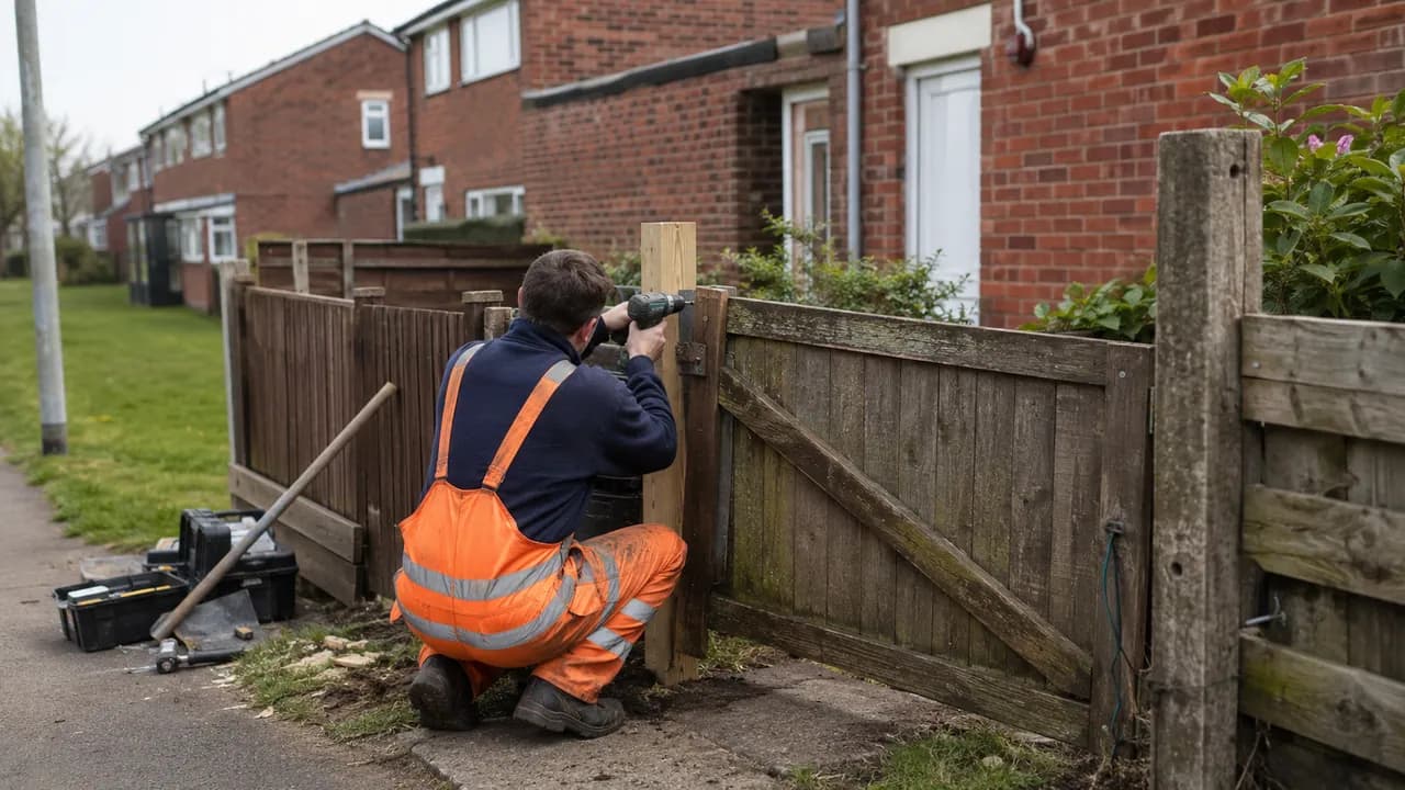 Handyman repair in progress on a 1970s brick townhouse on a new-town estate in Runcorn, Cheshire, open grass verges
