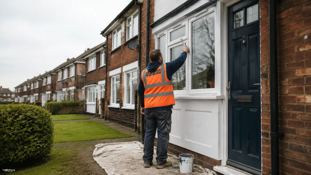 Exterior painting in progress on a 1970s brick townhouse on a new-town estate in Runcorn, Cheshire, open grass verges