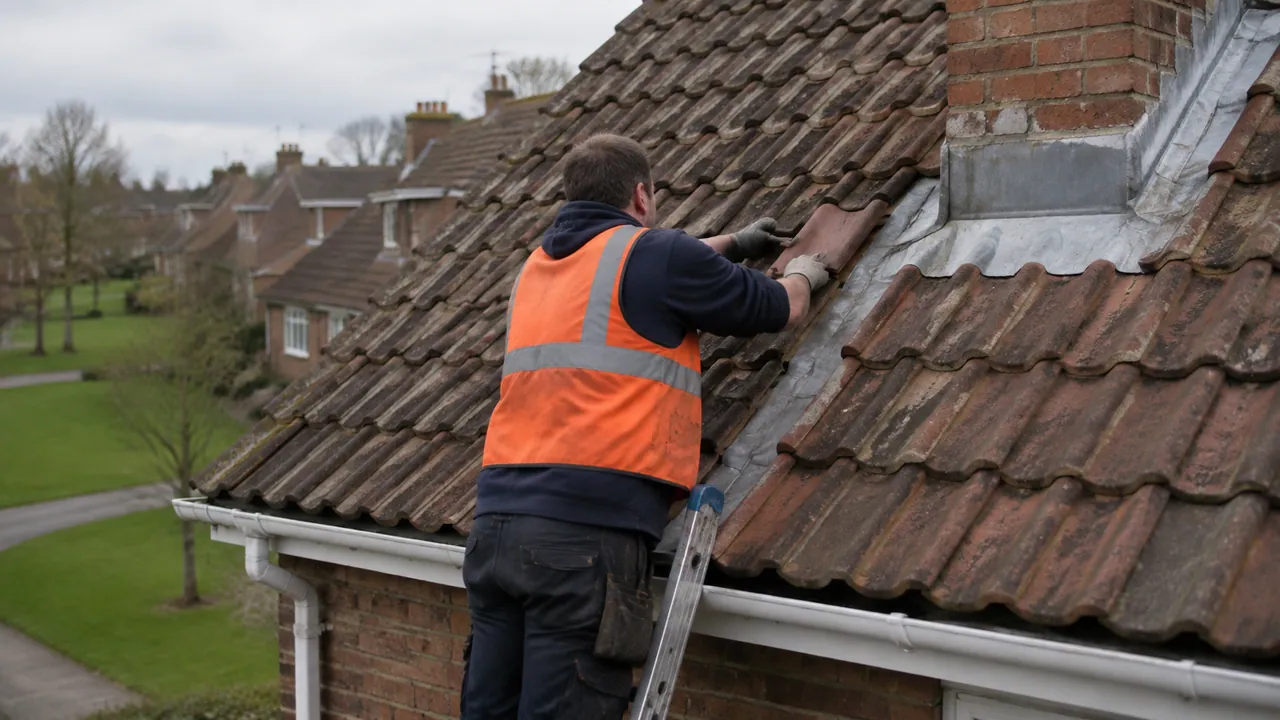 Roof repair in progress on a 1970s brick townhouse on a new-town estate in Runcorn, Cheshire, open grass verges