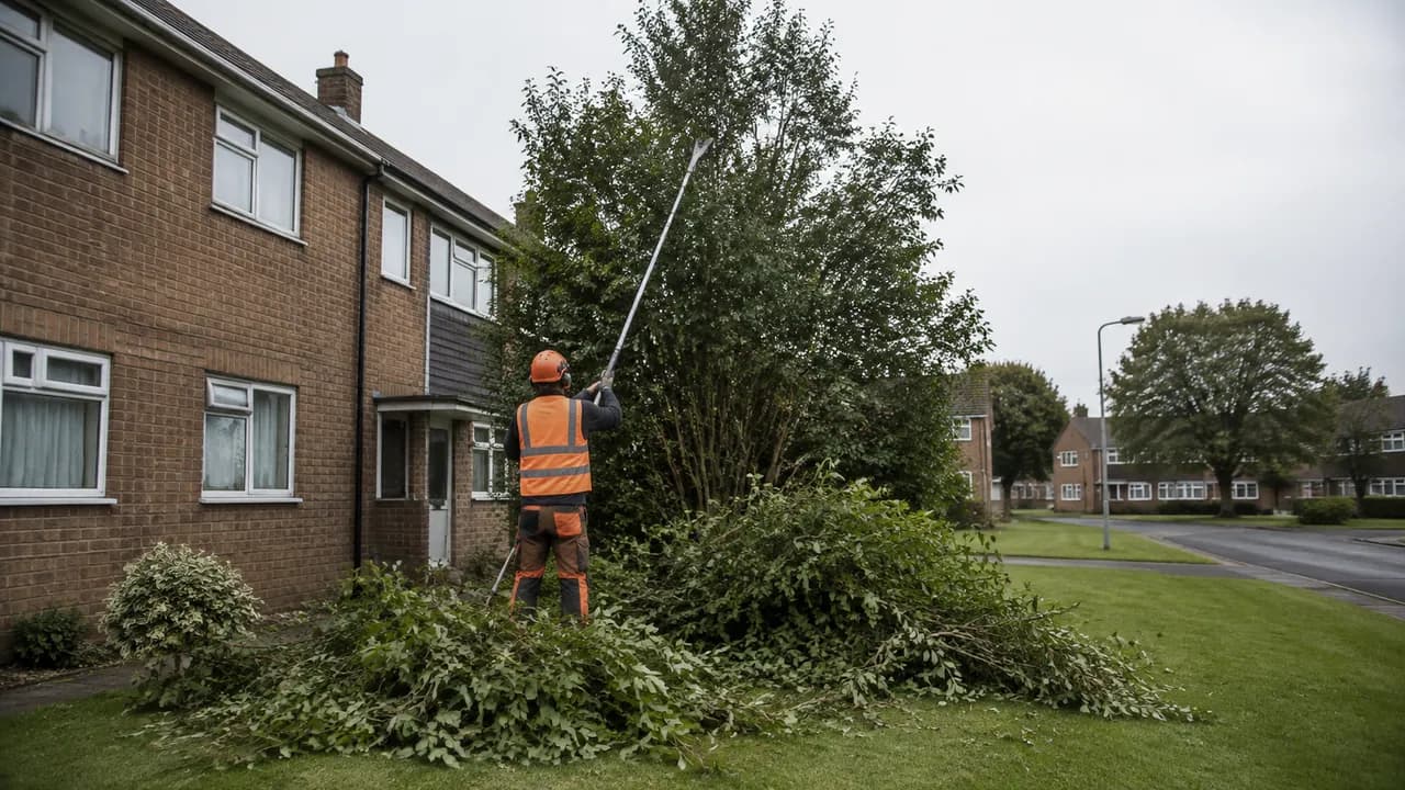 Tree reduction in progress on a 1970s brick townhouse on a new-town estate in Runcorn, Cheshire, open grass verges