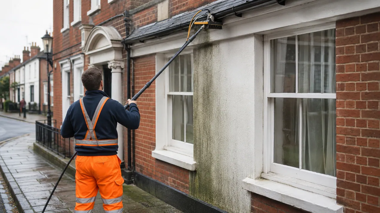 Exterior softwash cleaning in progress on a Georgian red-brick house on the High Street of Tarporley village, Cheshire, sandstone kerbs