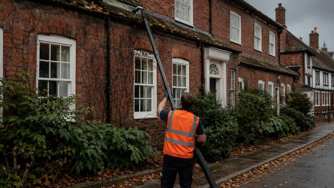 Gutter clearing in progress on a Georgian red-brick house on the High Street of Tarporley village, Cheshire, sandstone kerbs