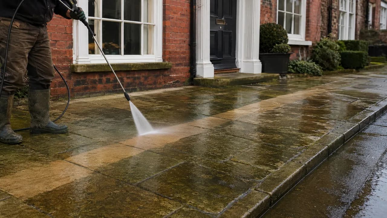 Pressure washing in progress on a Georgian red-brick house on the High Street of Tarporley village, Cheshire, sandstone kerbs