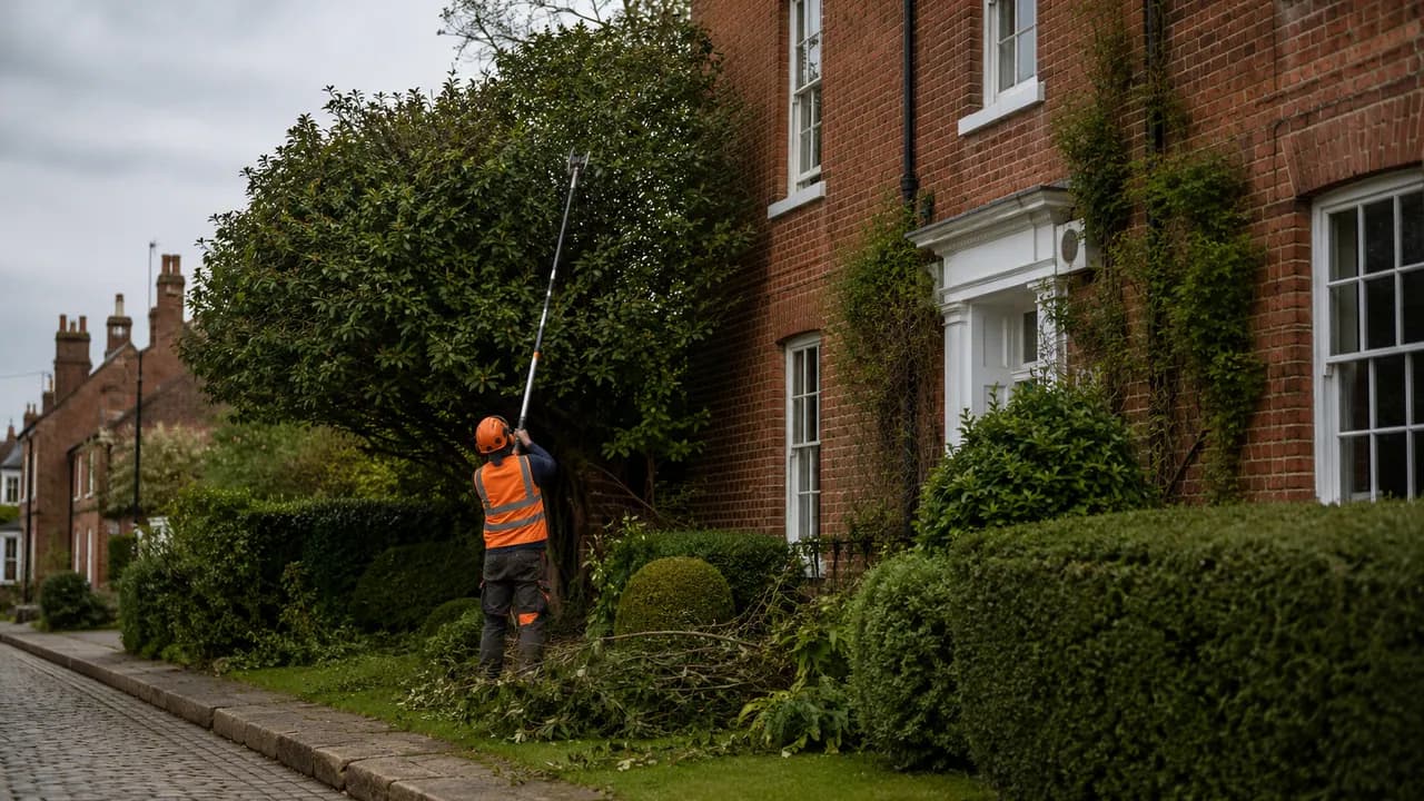 Tree reduction in progress on a Georgian red-brick house on the High Street of Tarporley village, Cheshire, sandstone kerbs