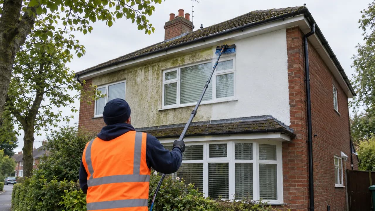 Exterior softwash cleaning in progress on a 1950s brick semi-detached house with a tiled roof on a tree-lined road in Upton-by-Chester